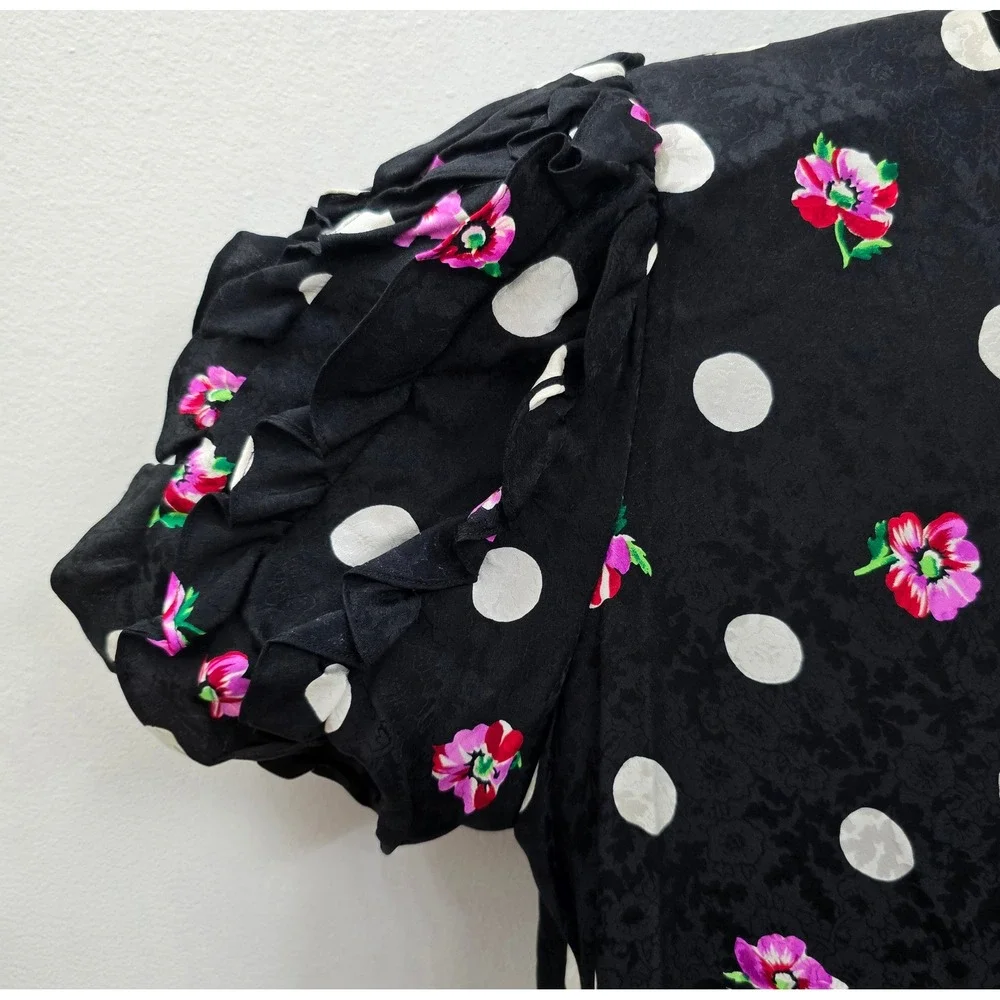 Vintage Maggy London Silk Polka Dot Floral Ruffle Dress Shoulder Pads Black 14 - Picture 3 of 8